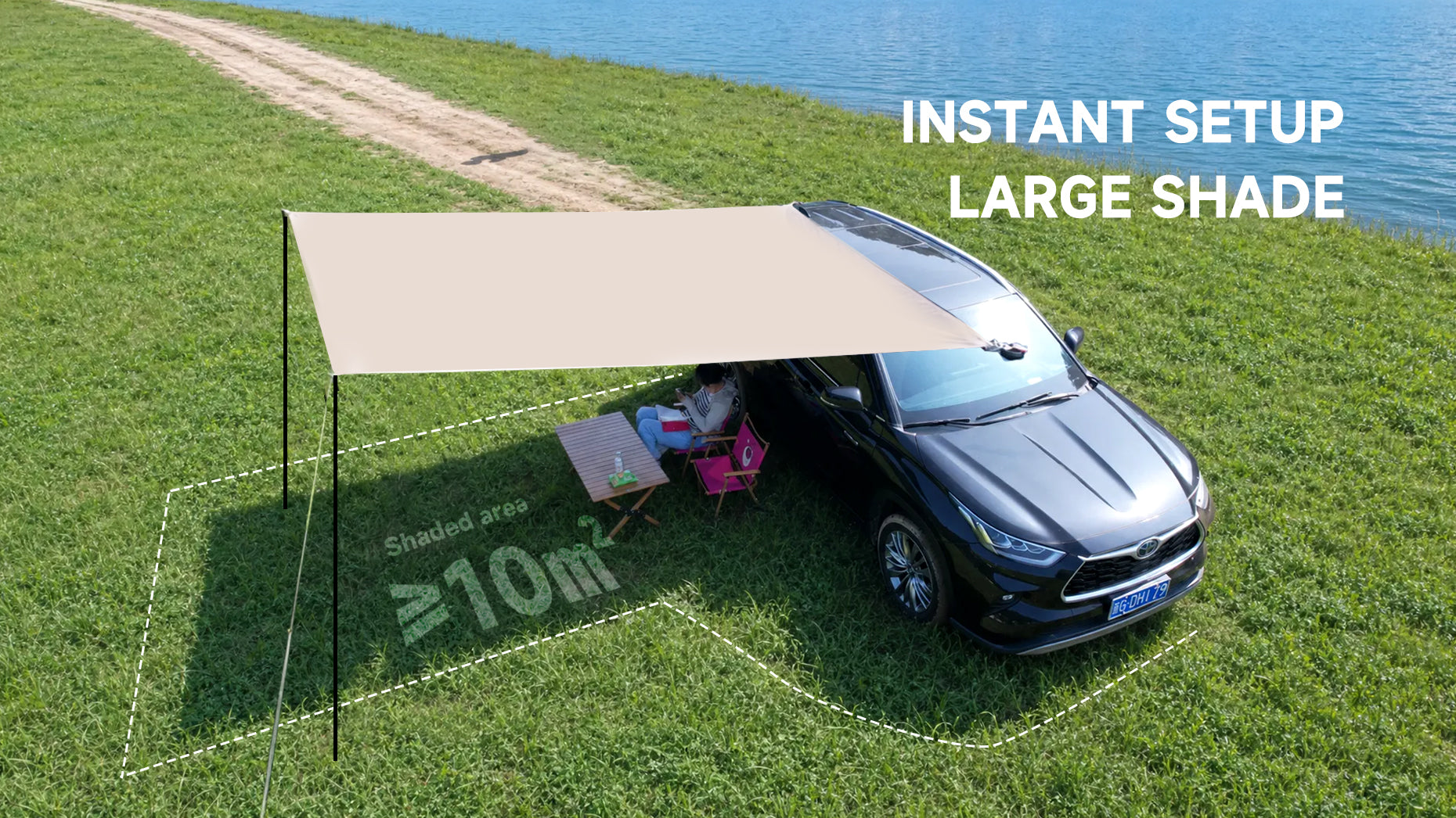 Bestyle vehicle awning providing instant shade beside a lake